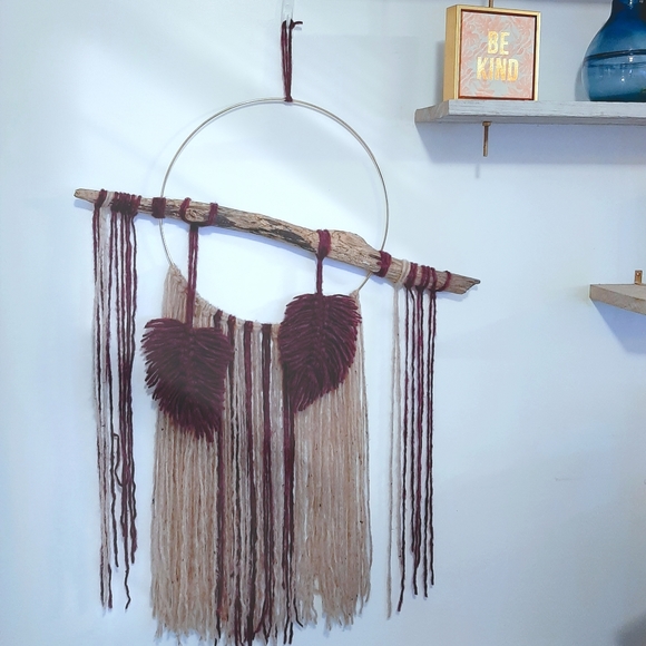Handmade yarn tapestry on brass ring w driftwood - Picture 2 of 2